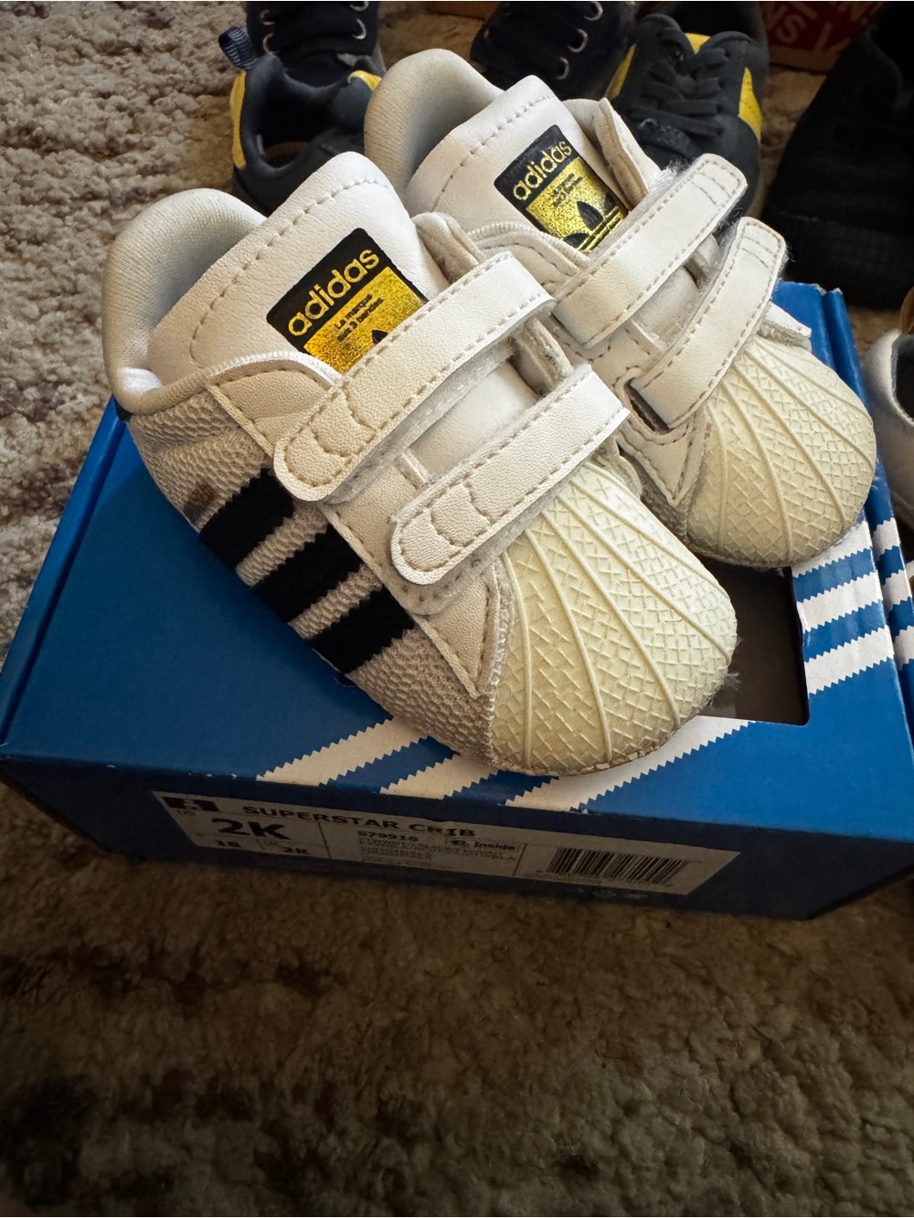 adidas White & Black Infant Velcro Superstar Sneakers with Gold Logo